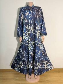 Women Front Tie Long Sleeve Allover Print Ruched Casual Arabian Modest Dress