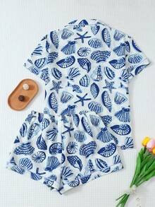2pcs Set: Comfortable Starfish, Shell, Conch Print Lapel Button Short Sleeve Top With Pockets And Bow Shorts Pajama Set, Ladies Sleepwear & Home Wear For Spring/Summer Use, Cool Light Blue - 藍色 - 查看 2