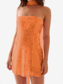 Women Sequin Beaded Sheer Tube Dress Sparkly Embroidery Strapless Rhinestone Embellished Backless Bodycon Mini Dress With Choker Scarf - 橘色 - 查看 2