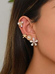 8pcs/Set Summer Fashion Beach Vacation Ocean Element Flower Pearl Crystal Starfish Golden Metal Texture Women Flat Earring Jewelry Set, Suitable For Casual, Vacation, Date, Gift, Party, Match With Bikini, 1 Week Earring Set