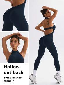 FWH 热辣健身连体裤 - 性感健身连体衣，提臀设计，打造蜜桃臀曲线，适合跑步，学院风，弹力紧身交叉露背设计（不褪色，色调显瘦），无袖优雅剪裁，高腰收腹，打造街头复古风，适合休闲骑行和时尚瑜伽训练，夏季必备 - 藏蓝色 - 查看 2