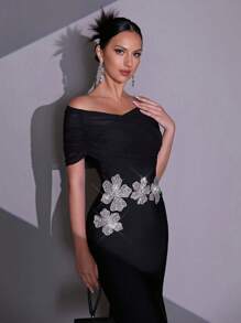 New Black Handmade Beaded & Rhinestone 3D Floral Off-Shoulder Fitted Long Bandage Dress, Elegant For Wedding Guest, Holiday Party, Formal Evening Gown
