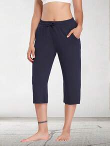 Stretch Lounge Capri Pants For Women Drawstring Waist Multi-Pocket Solid Design Trouser - 藏蓝色 - 查看 2