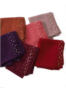 1 Peça Xale Longo de Chifom Elegante com Detalhes de Outono, Lenço Respirável Tradicional, Xale com Pedras de Pérola para Mulheres Muçulmanas