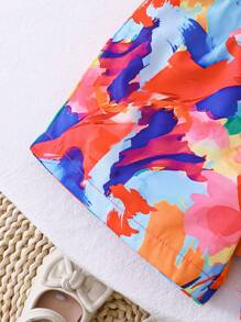 Set de 2 piezas para niñas: Camiseta sin hombros naranja casual y shorts con estampado colorido con moño, apropiado para fiesta, tiempo libre, vacaciones, hogar y exterior, verano
