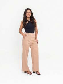 Simple Elegant Casual Polyester Zipper Pocket Button Daily Trousers - Beige - View 2