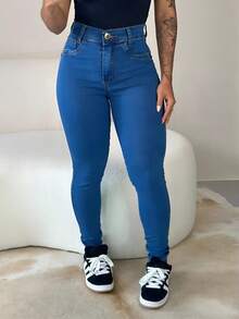 Women's Skinny Jeans With Lycra, High Waist, Butt Lifting Cut. - 中等水洗藍 - 查看 3