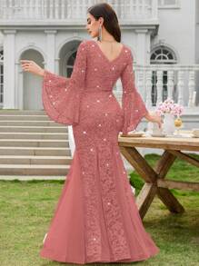 MIUSOL 深 V 领亮片花卉蕾丝撞色网眼喇叭袖美人鱼正式派对礼服婚礼宾客礼服晚礼服