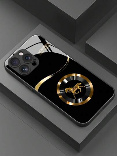 1 pieza Funda de teléfono de vidrio a prueba de golpes con diseño minimalista de halo dorado y caballo, compatible con Apple 17 Pro Max/17 Air/16 Pro Max/15/14 Plus/13/12/11/XR/8P y Galaxy S25/S24/S23 Ultra/S22/S20/Note20/Note10/A56/A53/A14/A05