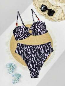2pcs Striped Print Sexy Backless High Waist Bikini Set, Suitable For Beach, Vacation, Summer - Multicolor - View 4