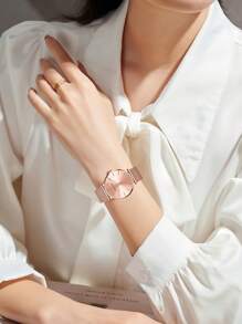 1 pezzo Orologio da polso da donna color oro rosa, movimento giapponese, cinturino in maglia di acciaio inossidabile, stile minimalista ed elegante, adatto per uso quotidiano e come regalo