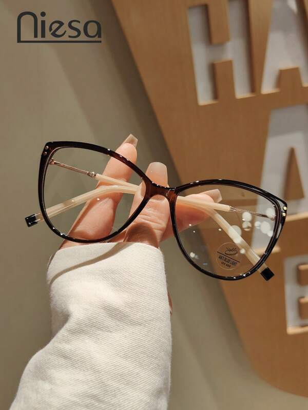1 Pc Women Luxury TR Frame Metal Copper Leg Casual Glasses, Solid Color Tritan Non-Prescription Lenses For Daily Life & Work, All Season