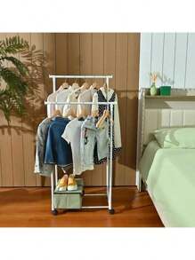 1pc Double Pole Rolling Clothes Drying Rack, Multi-Layer Storage Coat Hanger Stand, Lightweight Luxury Garment Rack With Wheels For Bedroom, Indoor Home & Commercial Use