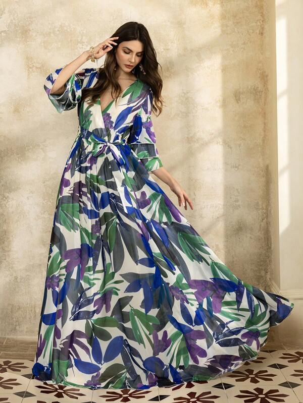 Faeriesty Elegancka, romantyczna suknia z szyfonu w stylu baśniowym z kwiatowym nadrukiem – dekolt w serek, pas ściągający w talii i zwiewna spódnica w kształcie litery A na wesela, przyjęcia ogrodowe, wydarzenia w galeriach sztuki i luksusowe kolacje