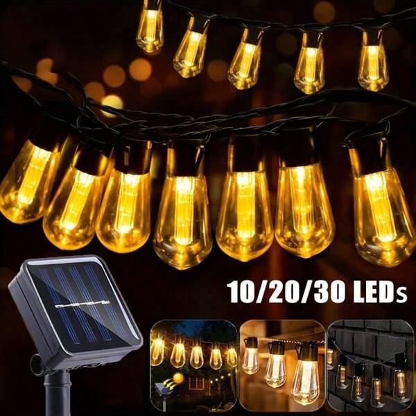 Luces de cadena solares para exteriores, bombilla vintage, opciones de 10/20/30 LED - Iluminación de guirnalda retro de plástico con panel solar de silicio monocristalino, montaje semi-empotrado, bajo voltaje, control de interruptor, luces de hadas blancas cálidas para patio, bistró, campamento, cenador, Navidad, boda, decoración de fiesta, sin control remoto - múltiples componentes, accesorio no desmontable, alimentado por energía solar, batería de níquel.