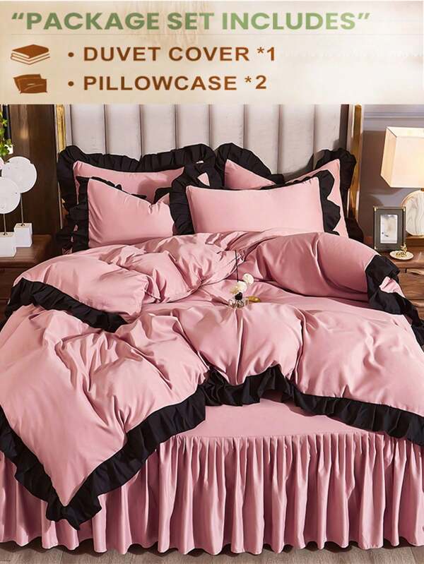 3 pièces Parure de lit de dortoir à bordure en dentelle florale rose, 2 taies d'oreiller 1 couette, doux et agréable à la peau, lavable en machine, sans rembourrage