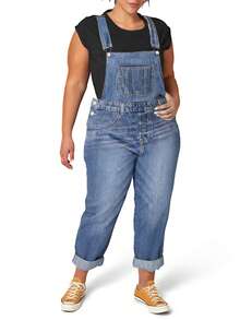 大码欧美复古宽松直筒工装牛仔裤（带围兜）