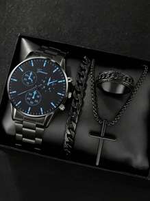 4-Piece Men's Luxury Gift Set: Stainless Steel Quartz Watch, Cross Pendant Necklace, Bracelet And Ring, Perfect Business & Casual Accessories - Ideal Gift For Him