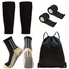 5pcs/Set Football/Soccer Accessories Set, Includes Waterproof Drawstring Bag, Non-Slip Football Socks, Leg Sleeves, Self-Adhesive Sports Bandages, Youth Sports Training High Leg Sleeves