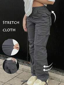 GILIPUR 女式工装裤弹力多口袋休闲 Y2K 风格黑色宽松裤返校街头服饰 2000 年代秋季服装复古服装风格外出服装 - 深灰色 - 查看 2