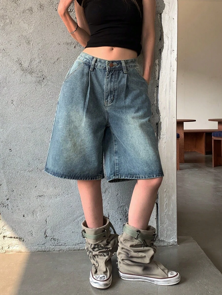 High Street Vintage Zniszczone Niebieskie 5-calowe Szorty Midi Z Zakładkami, Damskie Luźne Szerokie Nogawki Proste Szorty Jeansowe Bez Paska, Wiosna/Lato - Niebieski - Zobacz 1