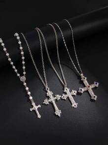 4pcs/Set Vintage Luxury Minimalist Multi-Color Crystal Cross Pendant Necklace, Adjustable Hiphop Punk Jewelry For Couples