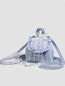 Blue Lace Plaid School Backpack For Female College Student, Sweet Ruffle Trim Bookbag For High School Girl, Suitable For Young Ladies Going Out And Commuting - Multicolor - View 4