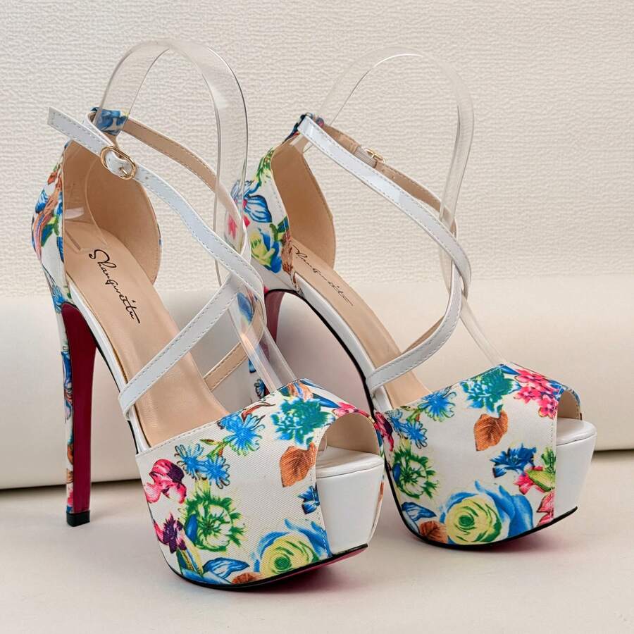 Sandali con tacco alto, stile retrò cinese, con stampa floreale, sexy e con suola spessa e arricciata in modo esagerato