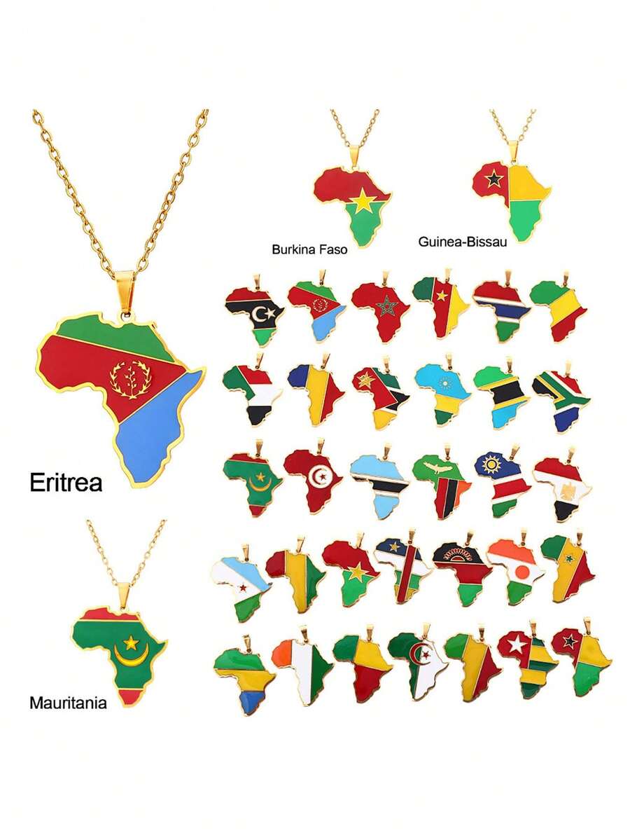 1pc Stainless Steel Hip-Hop African Country Map & Flag Pendant Necklace, Suitable For Women Daily Wear, Gift For Family, Friends, Beach Holiday, Festival, Birthday - Multicolor - View 1