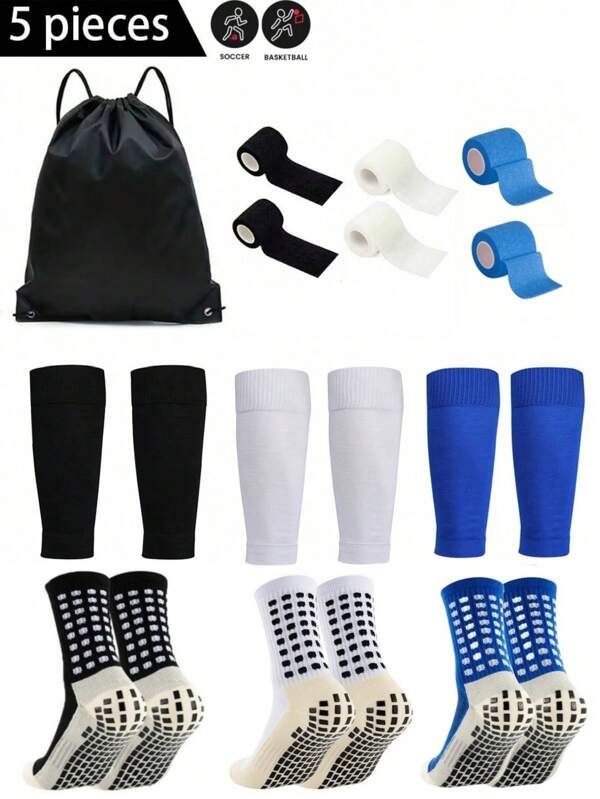 5 Stücke/Set Fußball/Soccer Zubehör Set, beinhaltet wasserdichten Kordelzugbeutel, rutschfeste Fußballsocken, Beinmanschetten, selbstklebende Sportbandagen, Hochbeinmanschetten für Jugendsporttraining