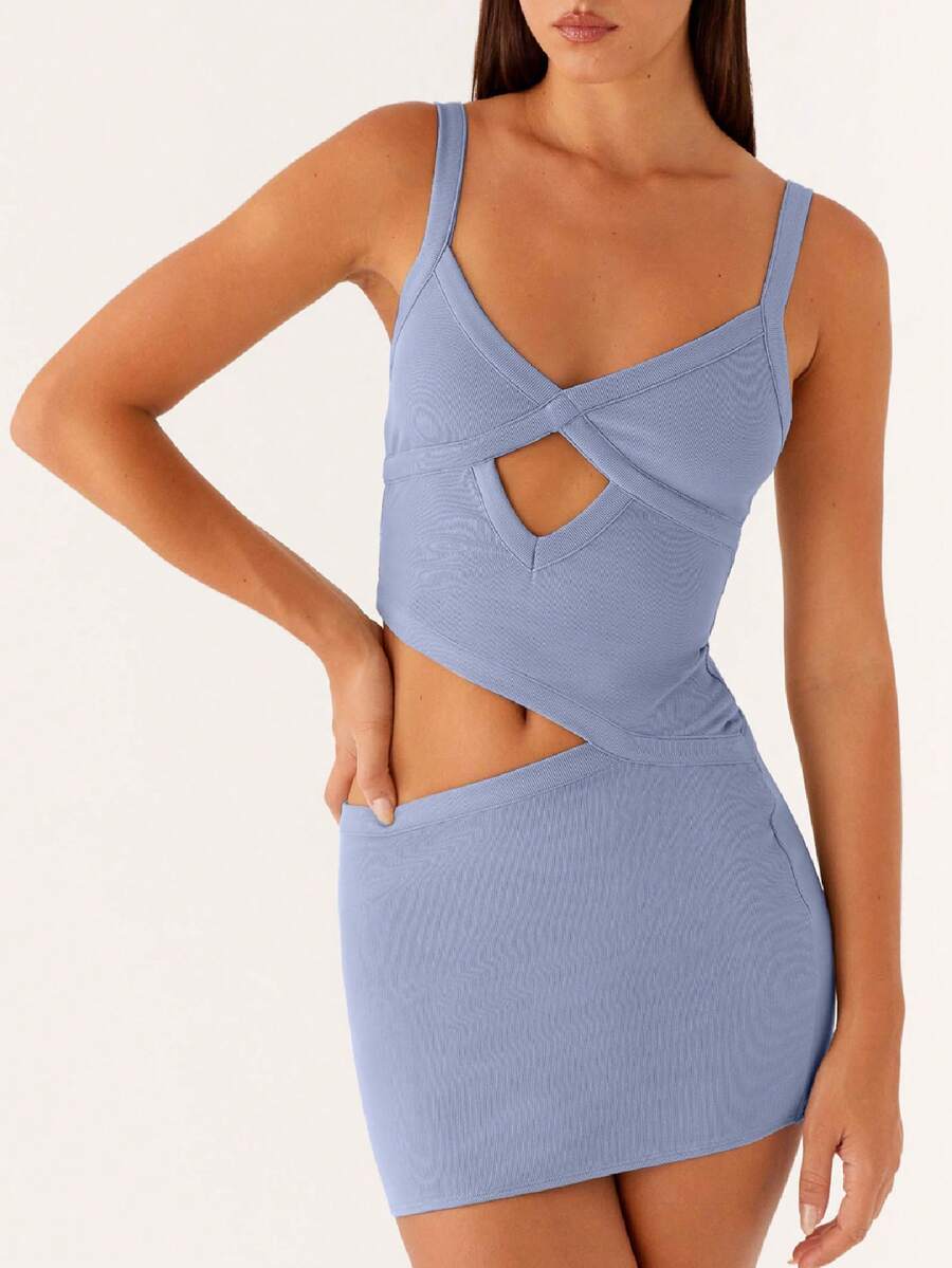 Women Cutout Mini Dress Spaghetti Strap Backless V-Neck Patchwork Bodycon Short Dress Party Cocktail - 藍色 - View 1