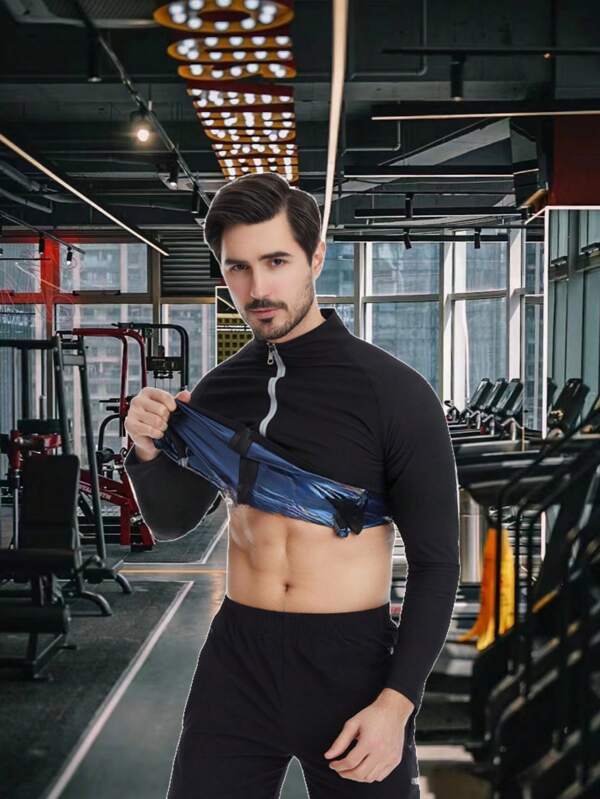 1 pieza Traje de sauna térmico de neopreno para correr y fitness para hombres con bolsillo, ropa interior moldeadora atlética con cremallera para adelgazamiento, accesorios de gimnasio de talla europea, fajas reductoras de cintura, fajas lumbares, corsé reductor de abdomen