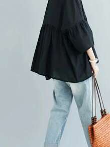 Plus Size Solid Color Ruffle Twist Collar Blouse