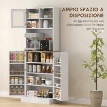HOMCOM Credenza Cucina Alta con Armadietto, Piano Portamicroonde, 8 Ripiani su Ante, Mobile Dispensa Stretto con Ante in Vetro e Mensole Regolabili, per Soggiorno, Sala da Pranzo, 60x35x169 cm, Bianco