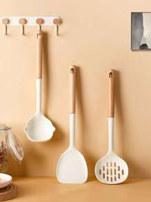 1pc/8pcs Wooden Handle Silicone Utensil Set, Non-Stick Cookware, Silicone Spatula, Wooden Spatulas, Soup Ladle, Rice Paddle, Kitchen Gadgets, Heat-Resistant &