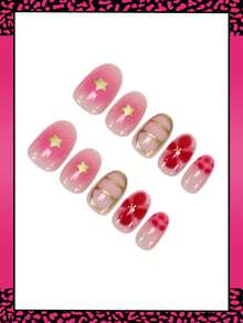 Bộ 24 miếng dán móng tay ngắn hình oval phối màu gradient kiểu Pháp, họa tiết hoa hồng nhạt và đường kẻ vàng, bề mặt bóng, phủ đều, thích hợp cho móng tay mùa hè, dành cho phụ nữ và bé gái sử dụng hàng ngày, hẹn hò, dự tiệc. - Nhiều màu - Xem 3