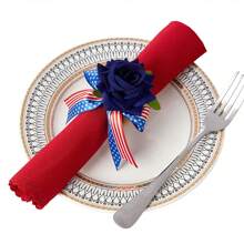 6pcs New Jute Napkin Rings, Hotel Tabletop Decor Cloth Loops, Bowknot Napkin Rings, Tabletop Decor Rings, Theme Red White Blue Rose Napkin Rings, Handmade Rose Holiday Tablescape Napkin Rings