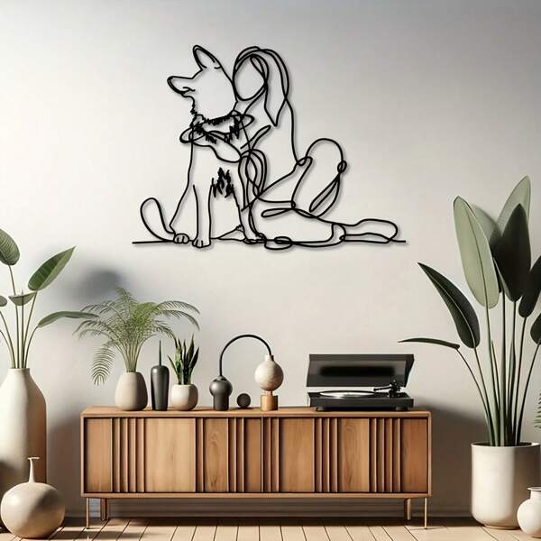 1pc German Shepherd Line Art Metal Wall Decor – Modern Woman And Dog Sculpture – One-Piece Minimalist Pet Wall Art For Indoor Or Outdoor Use – Perfect Gift For Dog Lovers
