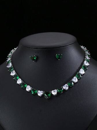 1 Set Of 3pcs Luxury Sparkling Zirconia Heart Necklace & Earrings Jewelry Set, High-Quality Bridal Wedding Party Engagement Gift