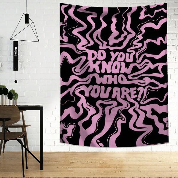 1pc "DO YOU KNOW WHO YOU ARE" Lettering Pink Striped Tapestry, Wall Decoration, Polyester Hanging Tapestry, For Living Room, Bedroom, Office, College Dorm, Home Decor, Party Decor, Rectangular Kitchen Wall Hanging Cloth With Drape, Comes With 3 Nails And 2 Clips