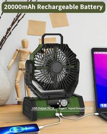 BDQ 20000mAh 1PC Portable Rechargeable Fan - Camping Fan For Tent,Fan 3-In-1 Camping Fan USB Fan With Light & Remote For Indoor,Cordless Fan Can Be Hung Upsde Down,Outdoor, Tent, Travel, BBQ, Fishing, Jobsite - xanh quân đội - Xem 6