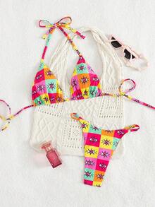 两件套简约格子印花露背系带可调节腰围比基尼泳衣，夏季海滩度假装 - 玫紅色 - 查看 2