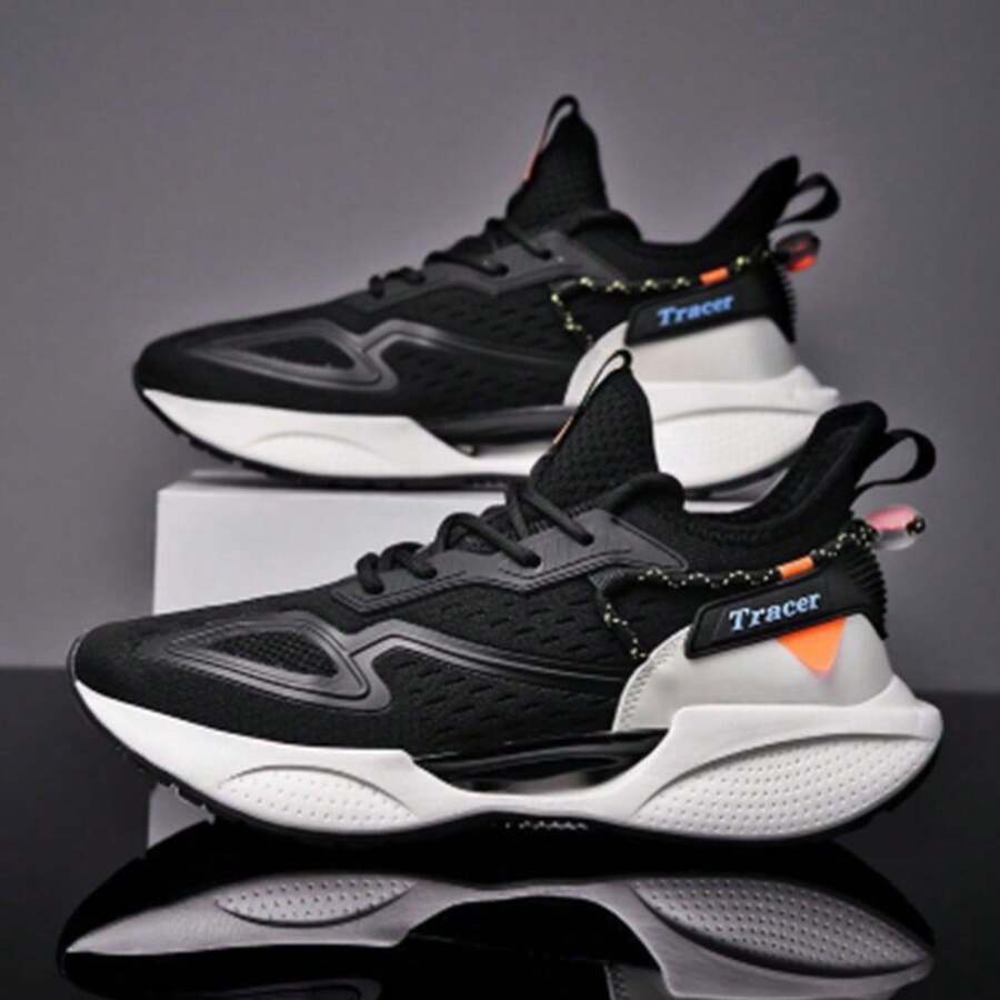 Men's Casual Thick-Soled Tennis Shoes, Fashionable Breathable Sports Shoes - 黑色 - 查看 1