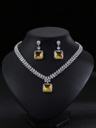 1 套 3 件套奢华锆石项链和耳环首饰套装，高品质新娘婚礼派对订婚礼服配饰，方形装饰礼物，适合女士