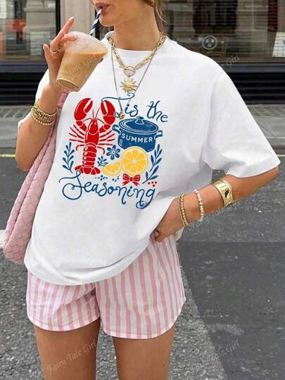 Dames Zomer Kreeft Citroen Letterpatroon Print Casual Zee Strand Eenvoudig Los Dagelijks Ronde Hals Korte Mouw T-shirt Tops Zomer Dames Tops Leuke Tops