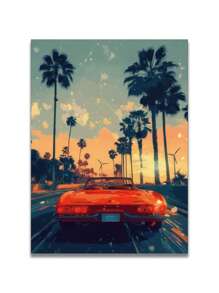 1/3 piezas, marco opcional, pintura de alta calidad, estilo moderno, coche deportivo, ilustración, puesta de sol, vacaciones, árbol de coco, puesta de sol, amantes de los coches, póster de arte de pared, decoración del hogar, adecuado para sala de estar, sofá, dormitorio, pasillo, baño, oficina, regalo de arte perfecto, embalaje de tubería rígida de PVC