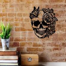 1pc Elegant Skull, Flower & Butterfly Metal Wall Art - Vintage Style Decor With Rose & Green Plants - Durable Black Metal Hanging Sign, Suitable For Living Room, Office, Kitchen Or Bar Decoration, Decorative Art | Elegant Wall Accessory | Durable Metal Art, Large Wall Art Room Decor Bedroom Decor Home Decor Wall Decor