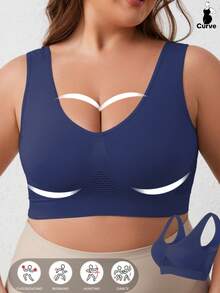 Große Größen 1 Stück nahtloser, drahtloser und polsterloser, stützender Hebebrusthalter mit seitlicher Raffung, für Damen, bequem für Yoga, Schlaf, Rückenausschnitt-Design - marineblau - Übersicht 3