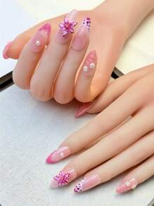 10Pcs Handmade Acrylic Press On Nails Flakes Almond Shape Pure Handcrafted Super Beautiful High-Grade Gentle Multi-Color French Smudging Hand Pinch Three-Dimensional Flowers Hand-Painted Shell Pattern Flower Drop Water Ripple With Small Gold Beads Wearing Nail Suitable For Girls And Women Nail Supplies Nails