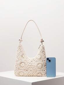 花卉镂空钩针编织单肩包、沙滩包、度假包、钩针套装、女士优雅包包、度假必备品、旅行必备品（图案随机） - 杏色 - 查看 3